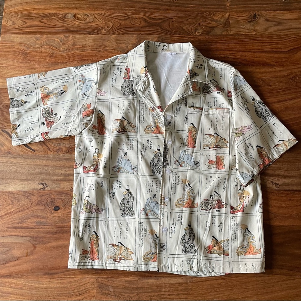 NWOT YesStyle Short-Sleeve Printed Shirt | Japanese Woodblock Calligraphy Design